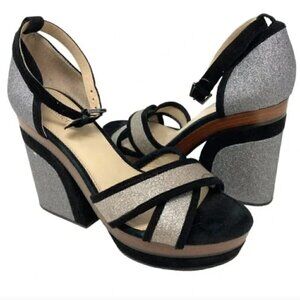 Botkier Paloma Glitter Silver & Black Suede Chunky Heel Sandals - Size 8